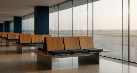 Transitgang op een luchthaven met een glazen wand en lege stoelen