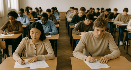 Studenten maken een examen in klas.