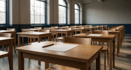 Examenzaal met rijen losstaande tafels en blanco antwoordvellen