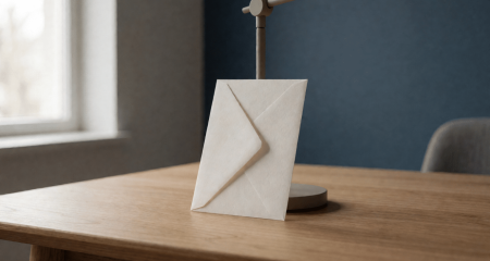 Envelop tegen een bureaulamp op een kantoorbureau