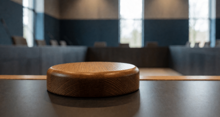 Houten klankblok op een bank in een lege rechtszaal