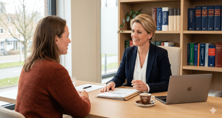 Familierecht advocaat in gesprek met een cliënt tijdens een juridisch adviesgesprek over echtscheiding en familierecht in Nederland