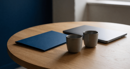 Kleine vergadertafel met een laptop, twee koffiekopjes en een map