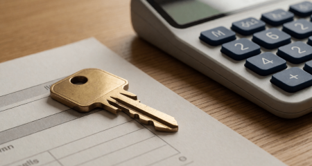 Huissleutel op een contractpagina met een rekenmachine ernaast