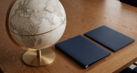 Wereldbol op een vergadertafel met twee gesloten mappen ernaast