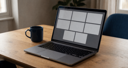 Laptop met een videovergadering van lege tegels op een thuiswerkplek