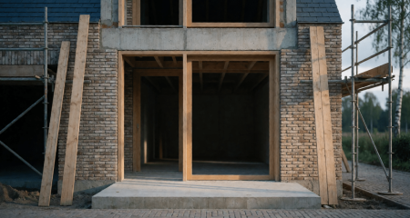 Nieuwbouwwoning in aanbouw met steigers en een kale bakstenen gevel