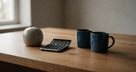 Spaarpot en een rekenmachine op een keukentafel met twee mokken