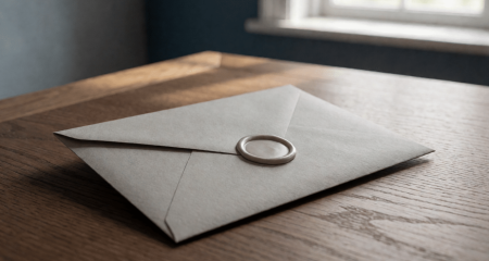 Dichtgeplakte documentenenvelop met een blanco zegel op een eikenhouten bureau