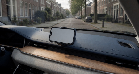 Telefoon in een autohouder met een leeg scherm en de straat ervoor