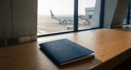 Reisdocument bij een gateraam met een vliegtuig erbuiten