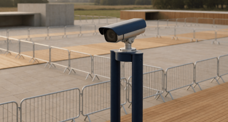 Camera op een mast boven een leeg evenemententerrein met hekken