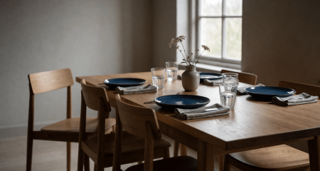 Eettafel gedekt voor vier met één nog lege stoel