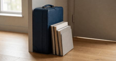 Koffer en een stapel documentenmappen bij een appartementsdeur