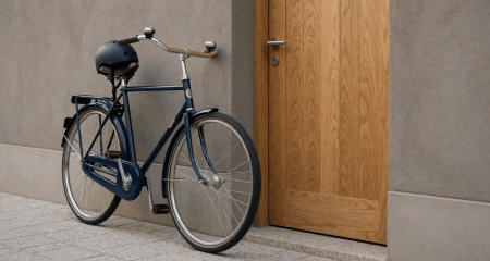 Fiets tegen een muur bij een kantoordeur met een helm op het zadel