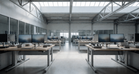 Lichte werkhal met werkbanken en computerschermen in een technologiebedrijf