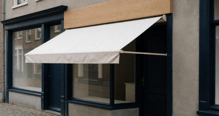 Blanco winkelluifel en een leeg gevelbord boven een kleine winkelpui