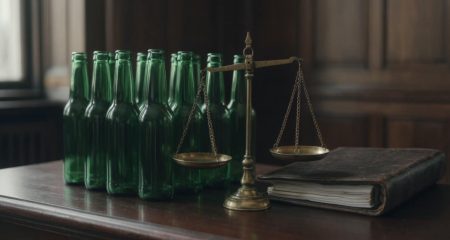 Groene bierflessen zonder etiket naast een weegschaal van Justitia en een dossier op een houten tafel.