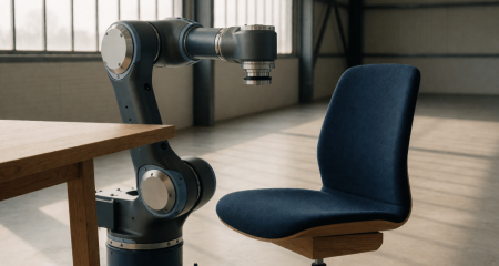 Robotarm en een lege werkplekstoel naast elkaar in een fabriek