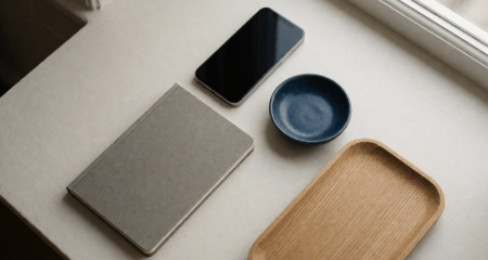 Gestileerde flatlay van blanco producten met een telefoon erboven