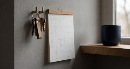 Gezinskalender aan een keukenmuur naast een haak met twee sleutelbossen