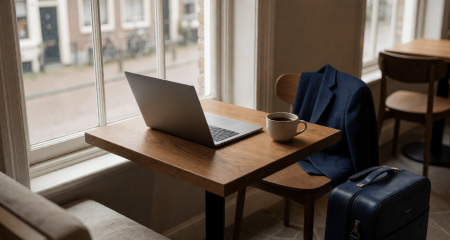 Laptop op een cafétafel bij het raam met een koffer naast de stoel