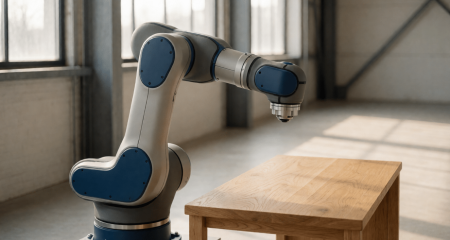 Stilstaande robotarm in een lichte productiehal naast een lege werkplek