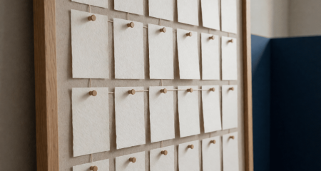 Organisatiebord met blanco kaartjes in een raster geprikt