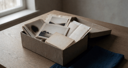 Schoenendoos met foto's en brieven open op een eettafel