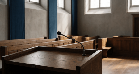 Spreekgestoelte met microfoon tegenover een rij eikenhouten banken