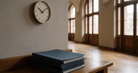 Wandklok en een stapel dossiermappen in een gerechtsgang