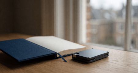 Hardware wallet en een papieren notitieboek op een bureau bij het raam