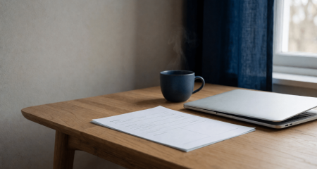 Laptop en een geprint contract op een freelancebureau met een koffiekop