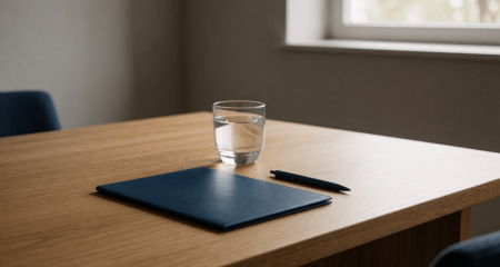 Opgeruimd bureau met een map, pen en glas water klaar voor een gesprek