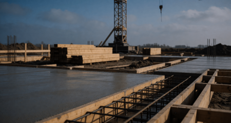 Bouwplaats met gestorte fundering en een torenkraan tegen de lucht