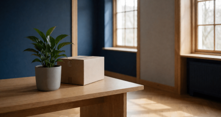 Nieuw kantoor met een leeg bureau, een plant en een ongeopende doos
