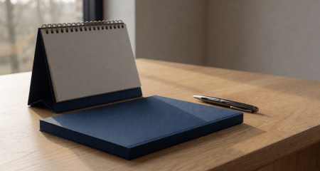 Bureaukalender en een gesloten personeelsmap naast een pen