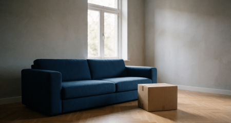 Woonkamer van een huurwoning met een bank, verhuisdoos en kale muren