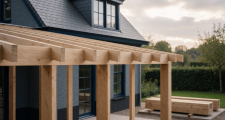 Aanbouw in aanbouw met verse houten spanten