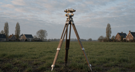 Landmeterstatief in een open veld aan de rand van een dorp