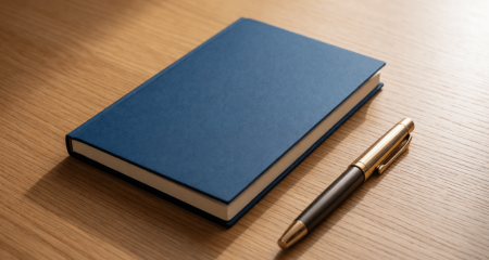 Nieuw notitieboek en een pen op een opgeruimd bureau bij het raam