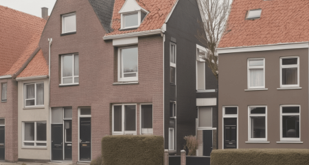 Drie huizen met rode daken.