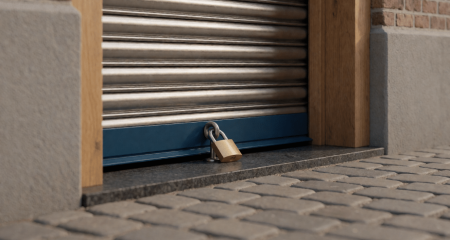Gesloten rolluik van een bedrijfsruimte met een hangslot onderaan