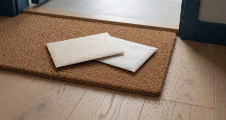 Deurmat met twee enveloppen in de hal van een huurappartement