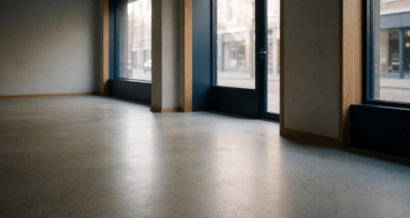 Lege bedrijfsruimte met een kale betonvloer en grote etalageramen