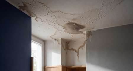 Vochtplek in de gepleisterde hoek van een plafond in een huurwoning