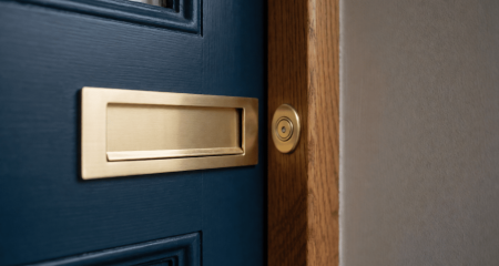 Deur van een huurwoning met een leeg naamplaatje naast de bel