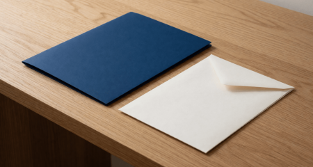 Klein bedrijfskantoor met een map en een envelop op het bureau