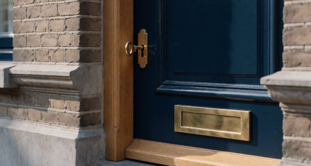 Gevel van een Nederlandse woning met een koperen brievenbus en sleutel in het slot