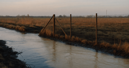 Verkleurde sloot langs een industrieel hek in een vlak landschap